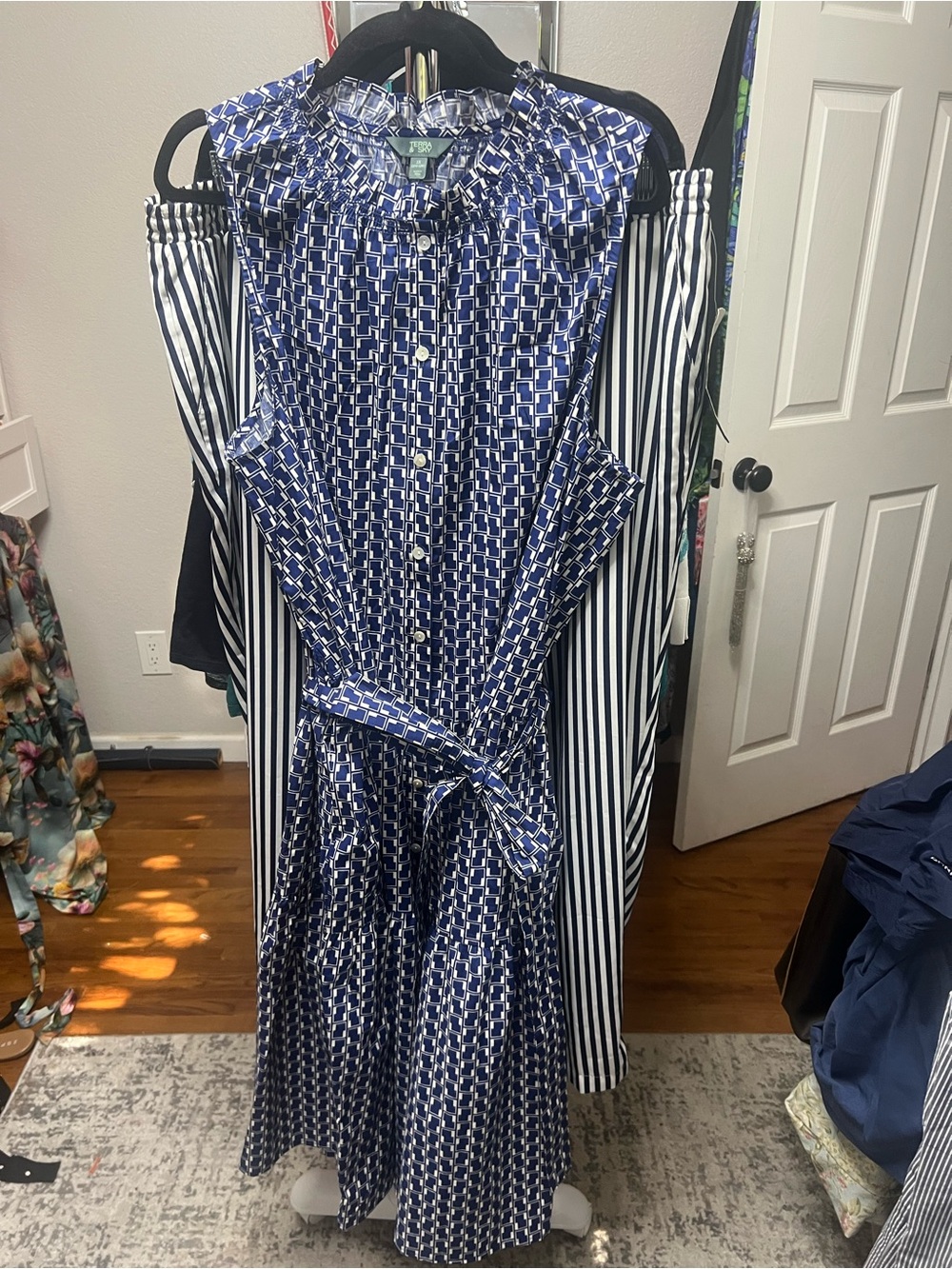 Terra & Sky Blue Geometric Button-Front Midi Dress with Tie